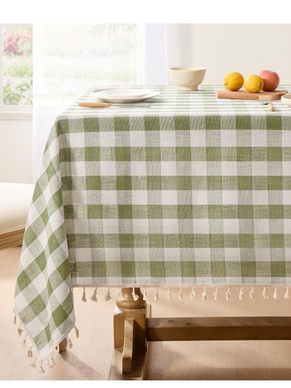 Green Checkered Cotton Tablecloth with Fringe Wrinkle-Free 55x84”